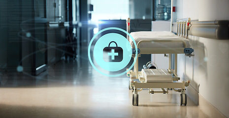 Image showing Hologram, medicine and a bed in the corridor of a hospital after work, ready for an emergency or accident. Healthcare, medical and icon overlay with a gurney in the empty hallway of a health clinic