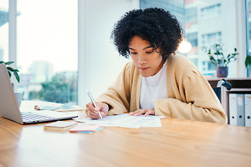 Image showing Office, writing and woman in wheelchair with reading at a desk with company report and research. Planning, paperwork and female person with a disability and information for business and work