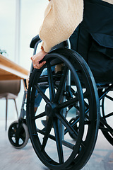 Image showing Hand, wheelchair and person with a disability closeup in a home for recovery or mobility from the back. Healthcare, medical and injury with a patient in a hospital or clinic for rehabilitation
