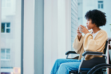 Image showing Woman, drink coffee and window in wheelchair, thinking and ideas with memory in home for recovery from injury. Girl, tea cup and person with disability, choice or remember in morning rehabilitation