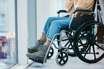 Image showing Home, closeup and woman with a wheelchair, calm and accident with results, support and mobility. Person with disability, girl and patient with wellness, health and recovery with healing and apartment