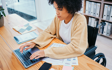 Image showing Office, laptop and woman in wheelchair typing at a desk with company report and internet research. Online, computer and female person with a disability and web work on a website with app analysis