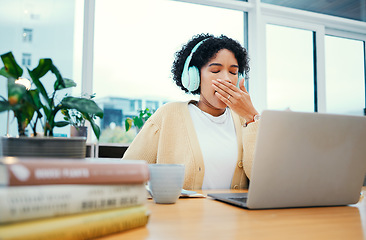 Image showing Business, burnout and tired woman yawn with laptop in office sleepy, low energy or lazy. Fatigue, exhausted and female person bored with online conference, training or upskill, video or seminar