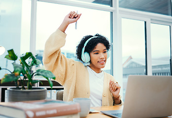 Image showing Business, headphones and happy woman dance with laptop in office for good news, email or success. Music, smile and excited female manger online with energy, achievement or streaming podcast track