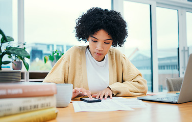 Image showing Woman with phone, laptop and bills in home office with documents, internet and invoice for freelance project. Remote work, budget report and girl with computer, smartphone and finance management.