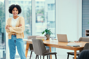 Image showing Portrait, smile and business woman with arms crossed in office happy, confident and professional. Face, pride and female entrepreneur proud of startup advertising agency, company or career goals