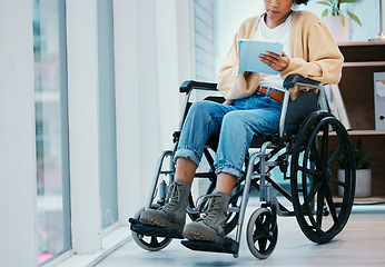 Image showing Tablet, wheelchair and hands of business woman in office, creative startup or company. Digital technology, professional and person with a disability, typing email online or designer research on app