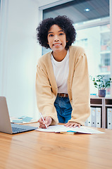 Image showing Portrait of woman, notes and standing in office with admin, internet and creative ideas for freelance project. Remote work, writing on paperwork and girl at desk with research, agenda and happy face.