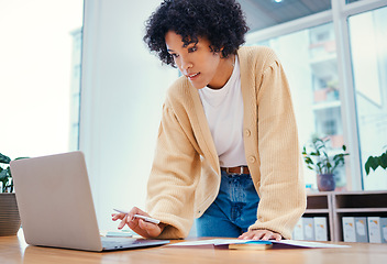 Image showing Woman with laptop, notes and standing in office with admin documents, internet and ideas for freelance project. Remote work, web report and girl with computer, research paperwork and writing schedule