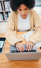 Image showing Woman with laptop, typing and research in home office with documents, internet and ideas for freelance project. Remote work, web report and girl with computer, paperwork and writing online from above