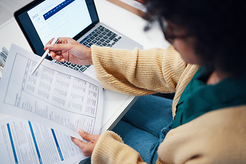 Image showing Closeup, financial and woman with documents, laptop and accounting with budget, payment and internet. Person, employee and worker with a pc, paperwork or investment with income, audit or transactions