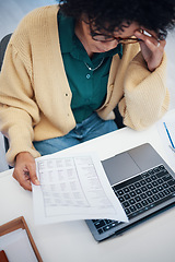 Image showing Woman, laptop and documents in debt, financial crisis or mistake with expenses, bills or invoice at home. Female person or freelancer with paperwork on computer in finance struggle or bankruptcy