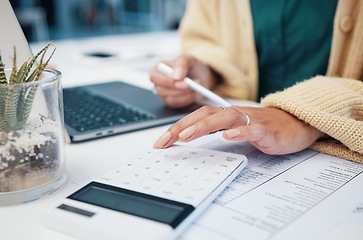 Image showing Calculator, hand and business woman with finance, tax and accountant solution in a office. Desk, profit check and planning with paperwork and money monitoring for financial report and numbers