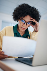 Image showing Woman, stress and reading finance paperwork with tax audit, debt and loan overdraft, laptop and accounting. Bills, asset management and financial mistake with document, inflation and bankruptcy