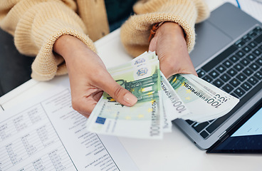 Image showing Hands, cash and business woman with laptop in office for budget, savings and investment closeup. Money, counting and female investor with payment, loan or sale, deal and profit, growth or management