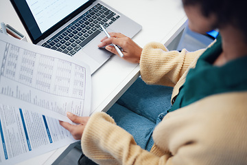 Image showing Closeup, finance and woman with documents, laptop and accounting with budget, planning and internet. Person, accountant and worker with a pc, paperwork and investment with payment and transactions