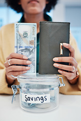 Image showing Woman, hands and money with jar for savings, investment or financial freedom on counter or table. Closeup of employee with wallet of cash, bills or paper notes for banking profit, growth or finance