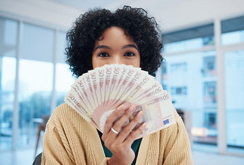 Image showing Woman, portrait and cash fan with financial freedom, bonus or winning with wealth, bills and lottery. Money, investment and rich with euro notes, success in finance with prize or reward with payment