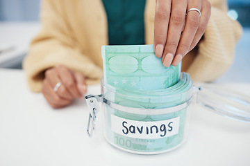 Image showing Hands, cash and savings in a jar for future, financial plan and bills closeup, income and wealth. Container, person save money for growth and investment, cashback and finance with goals and profit