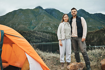 Image showing Happy couple, portrait and mountain for camping, hiking or outdoor adventure on holiday getaway together in nature. Man and woman smile with tent on camp site for journey, road trip or vacation