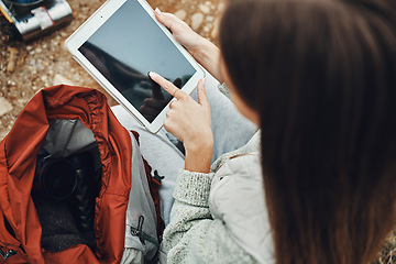 Image showing Woman, hands and tablet screen on camp for social media, navigation or outdoor communication in nature. Closeup of female person with technology display, app or mockup for networking or online search