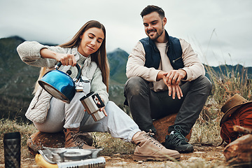Image showing Camping, water and couple for coffee in morning for trekking, adventure and freedom. Travel, nature and man and woman with kettle for warm drink, beverage and tea on holiday, vacation and hiking