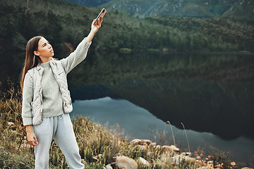 Image showing Connection, search and woman hiking with phone, problem or poor signal, glitch or error in nature. Smartphone, 404 or lady explorer confused with reception fail, network or location guide app issue