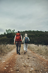 Image showing Couple back view, hiking and holding hands in nature with travel, mountain and backpacking in wilderness and explore outdoor. People on adventure, holiday date and environment with trekking path