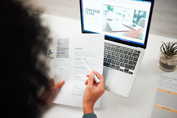 Image showing Hands, pen and human resources with CV, laptop with hiring news on company website and recruitment in office. Person reading resume, employee choice and onboarding, job application and back view