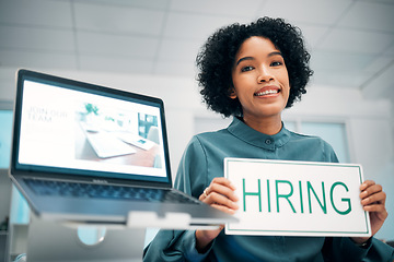 Image showing Woman with hiring sign, laptop and human resources with offer, recruitment and job opportunity at company. Onboarding, pc screen with website and HR invitation to join team, poster and recruiting