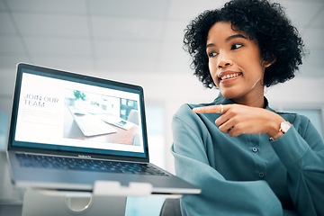 Image showing Woman hiring, pointing at laptop with job advertising, opportunity and recruitment at company with human resources. Website, information and HR with recruiting, onboarding and employment offer