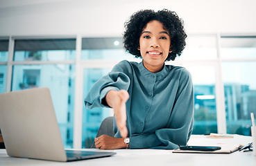 Image showing Handshake, woman and job interview, recruitment with human resources and communication, partnership and trust. Portrait, hiring or onboarding with shaking hands and introduction, agreement and deal