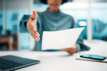 Image showing Handshake, CV and interview, recruitment with human resources and communication, partnership and trust. Person, hiring or onboarding with shaking hands and opportunity for job, agreement and deal