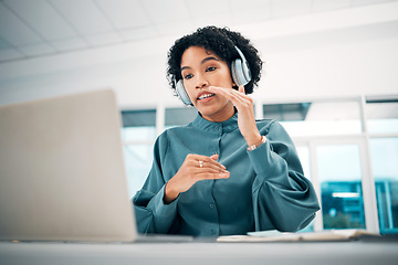 Image showing Woman, laptop and headphones, video call with presentation or interview, information and online meeting. Communication, talking and virtual discussion, webinar and corporate training with chat