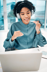 Image showing Woman, laptop and headphones, video conference with presentation or interview, information and online meeting. Communication, talking and virtual discussion, webinar and corporate training with chat