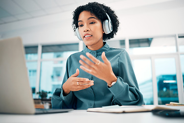 Image showing Woman, laptop and headphones, video conference with presentation or interview, information and online meeting. Communication, talking and virtual discussion, webinar and corporate training with chat