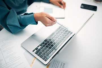 Image showing Person, hands and pointing to laptop with documents in finance, budget planning or investments on office desk. Closeup of employee or accountant on computer for financial paperwork, bills or expenses