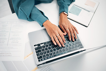 Image showing Above, business and hands with typing on laptop, desk and office for career in human resources. Woman, corporate worker and writing on keyboard with pc, technology and internet on cv for job search