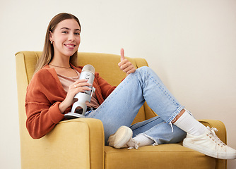 Image showing Woman, microphone and podcast, influencer with thumbs up, media broadcast with feedback and communication. Talk show, chat and live streaming with presenter and hand gesture, support and portrait