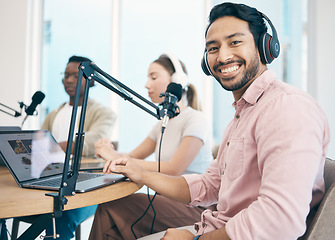 Image showing Man, microphone and radio, headphones and portrait, media or press with journalist or DJ, laptop and content creation. Podcast, influencer and live stream with audio, talk show and communication