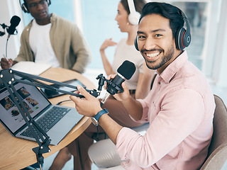 Image showing Man, microphone and radio, headphones and laptop in portrait, media or press with journalist or DJ for content creation. Podcast, influencer and live stream with audio, talk show and communication
