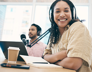 Image showing Woman, headphones and radio station, portrait with media or press with journalist or DJ, notebook and content creation. Podcast, influencer and live stream with audio, talk show and communication