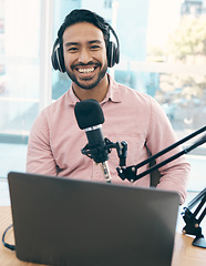 Image showing Happiness, portrait and podcast man, speaker or audio presenter pride in online social media talk show. Radio air, audio mic and influencer hosting, live streaming and broadcast news, advice or tips