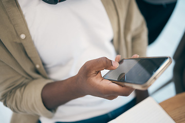 Image showing Hand, phone and screen for texting on app in closeup on social media, internet or message. Person, reading or search for information, typing and web for e commerce, fintech or communication online