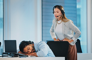 Image showing Boss, lazy and man employee in office at laptop telemarketing center, sleep or burnout. Woman manager, worker and headset or person tired rest at desk, overworked or fatigue for customer service
