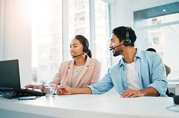 Image showing Call center, training with manager and support, laptop and help with CRM process, customer service and telecom. Working together, team and coaching with people in office, telemarketing and advice