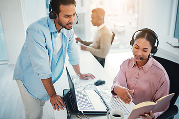 Image showing People at call center, training with manager and advice, notebook and help with CRM process, customer service and telecom. Working together, team and coaching in office with telemarketing and support
