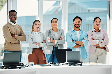 Image showing Smile, crossed arms and portrait of business people in the office in collaboration for team building. Happy, diversity and group of professional creative designers with confidence in modern workplace