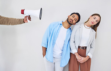 Image showing Portrait, megaphone and people at work to listen to a broadcast message on a gray background. Announcement, sound and noise for communication of a news alert or notification with a bullhorn in studio