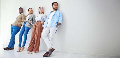 Image showing Waiting room, staff and business people with mockup space and hiring employee group in a office. Job interview, recruitment and leaning on wall together with diversity and company team of worker idea